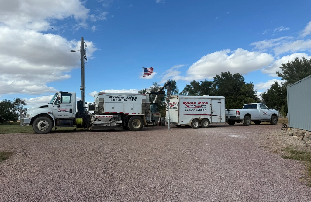 Raise Rite Concrete Lifting truck, trailer, and pickup parked on a gravel lot.